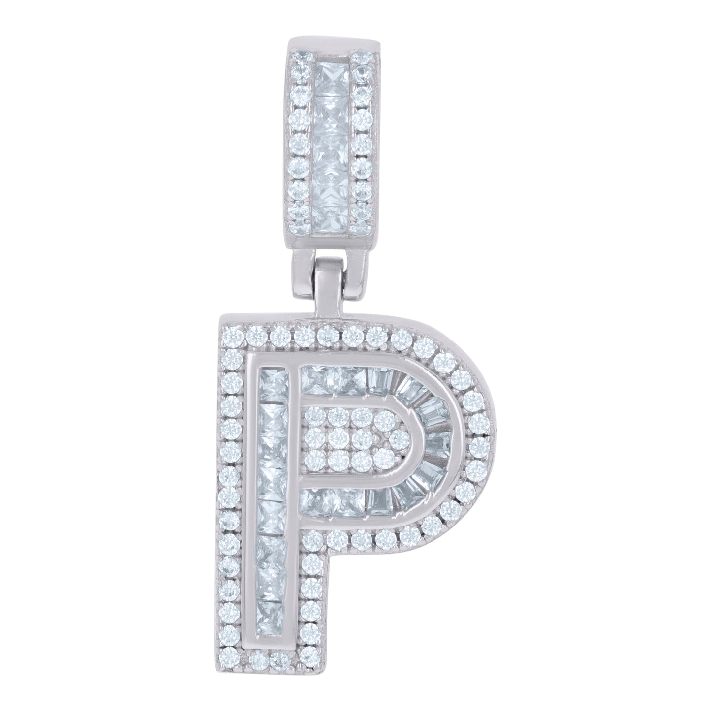 Sterling Silver Or Yellow-tone Unisex Round & Baguette Cubic-Zirconia Initial Alphabet Pendant Charm