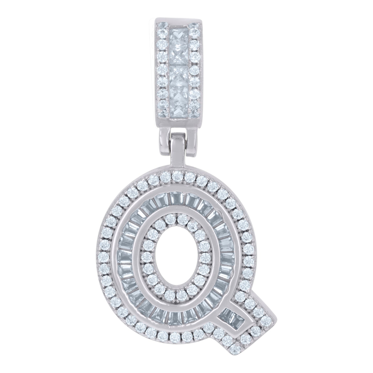 Sterling Silver Or Yellow-tone Unisex Round & Baguette Cubic-Zirconia Initial Alphabet Pendant Charm