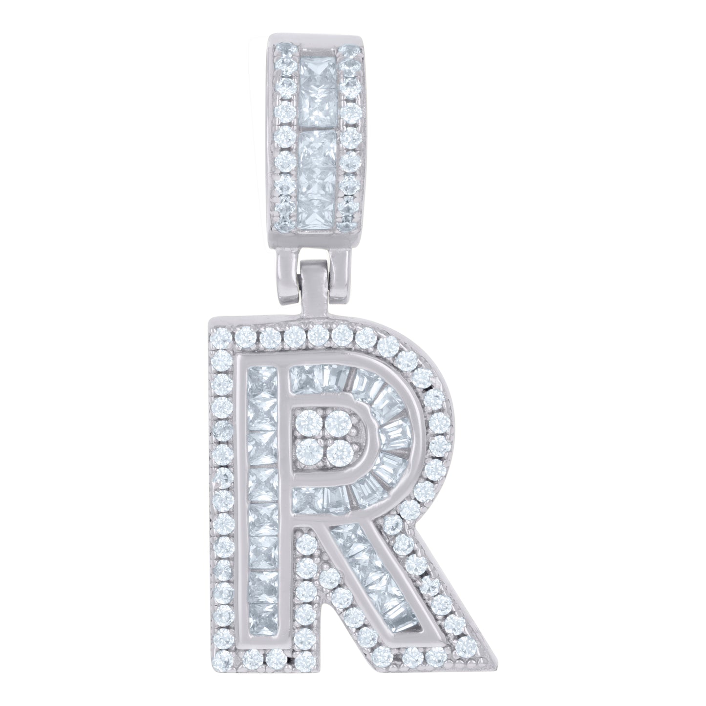 Sterling Silver Or Yellow-tone Unisex Round & Baguette Cubic-Zirconia Initial Alphabet Pendant Charm