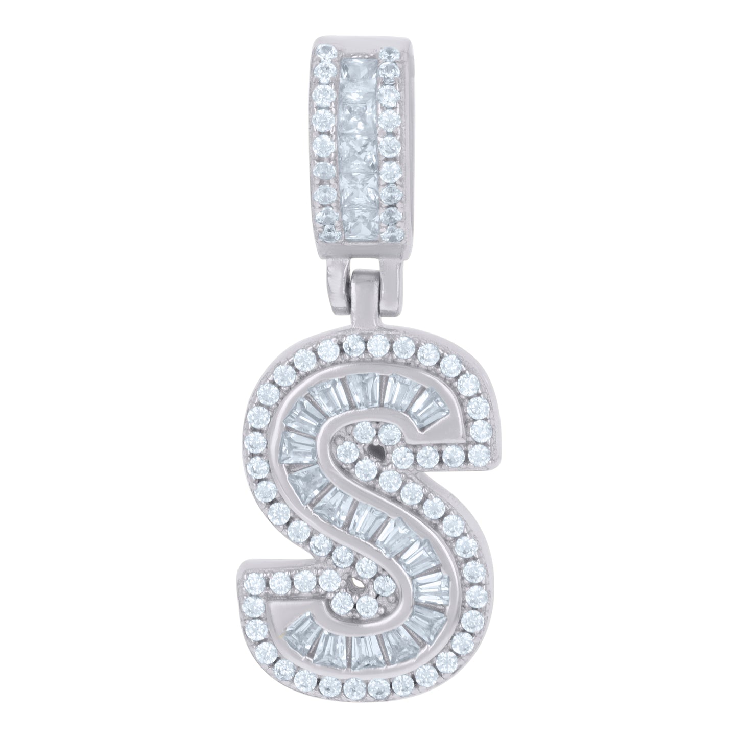 Sterling Silver Or Yellow-tone Unisex Round & Baguette Cubic-Zirconia Initial Alphabet Pendant Charm
