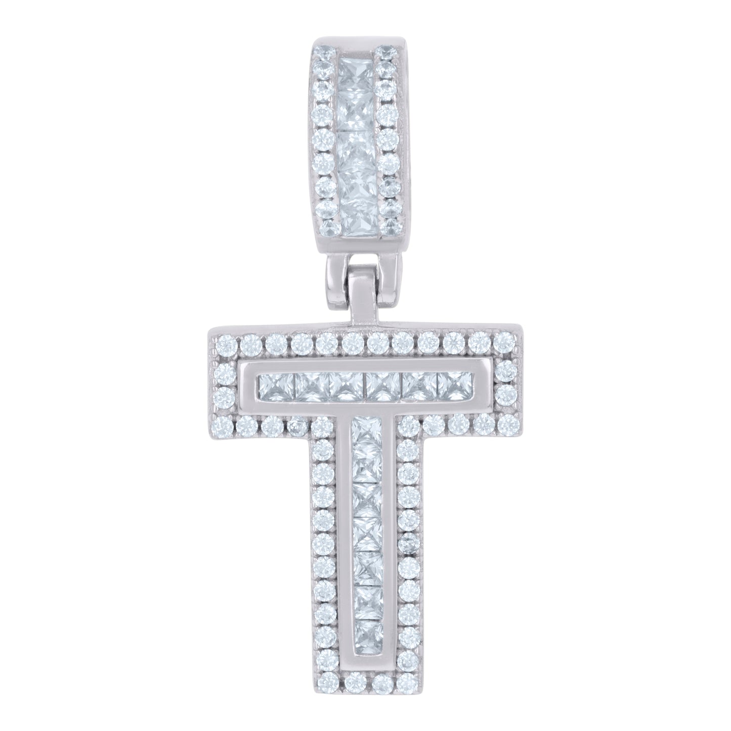 Sterling Silver Or Yellow-tone Unisex Round & Baguette Cubic-Zirconia Initial Alphabet Pendant Charm