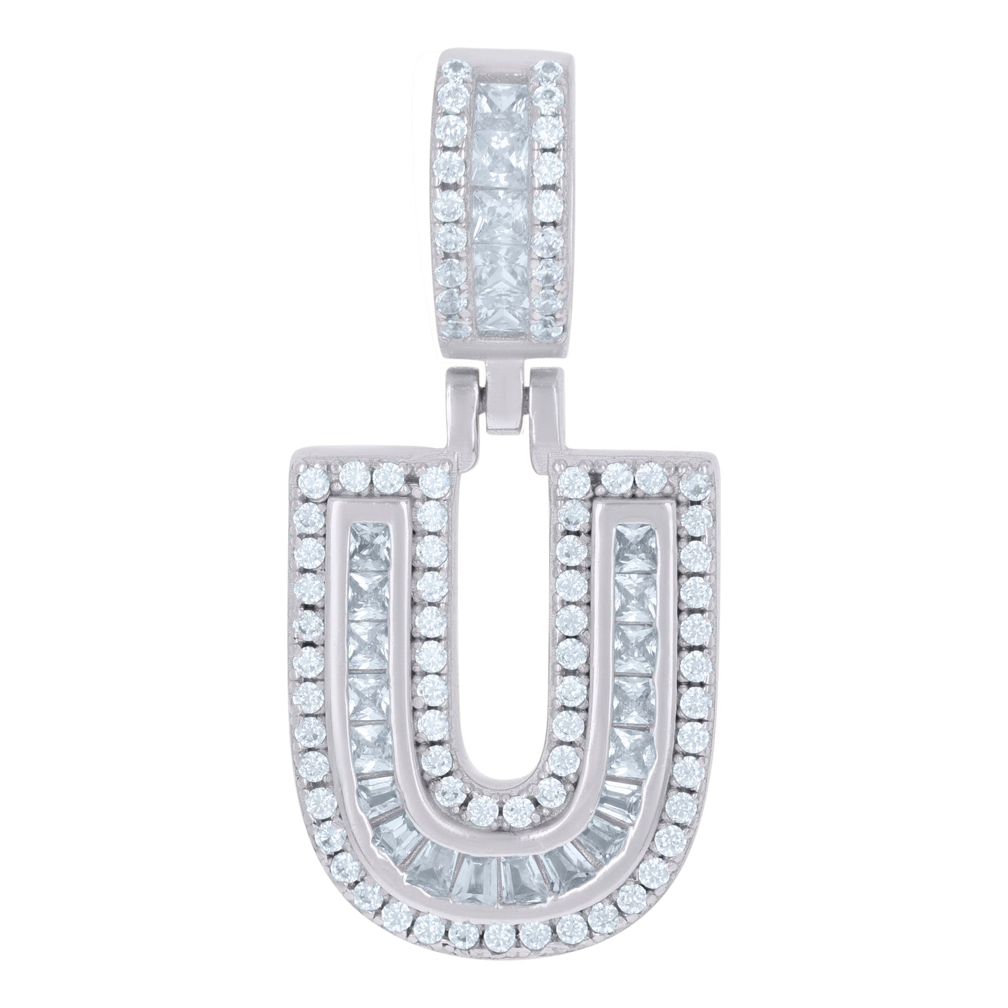 Sterling Silver Or Yellow-tone Unisex Round & Baguette Cubic-Zirconia Initial Alphabet Pendant Charm