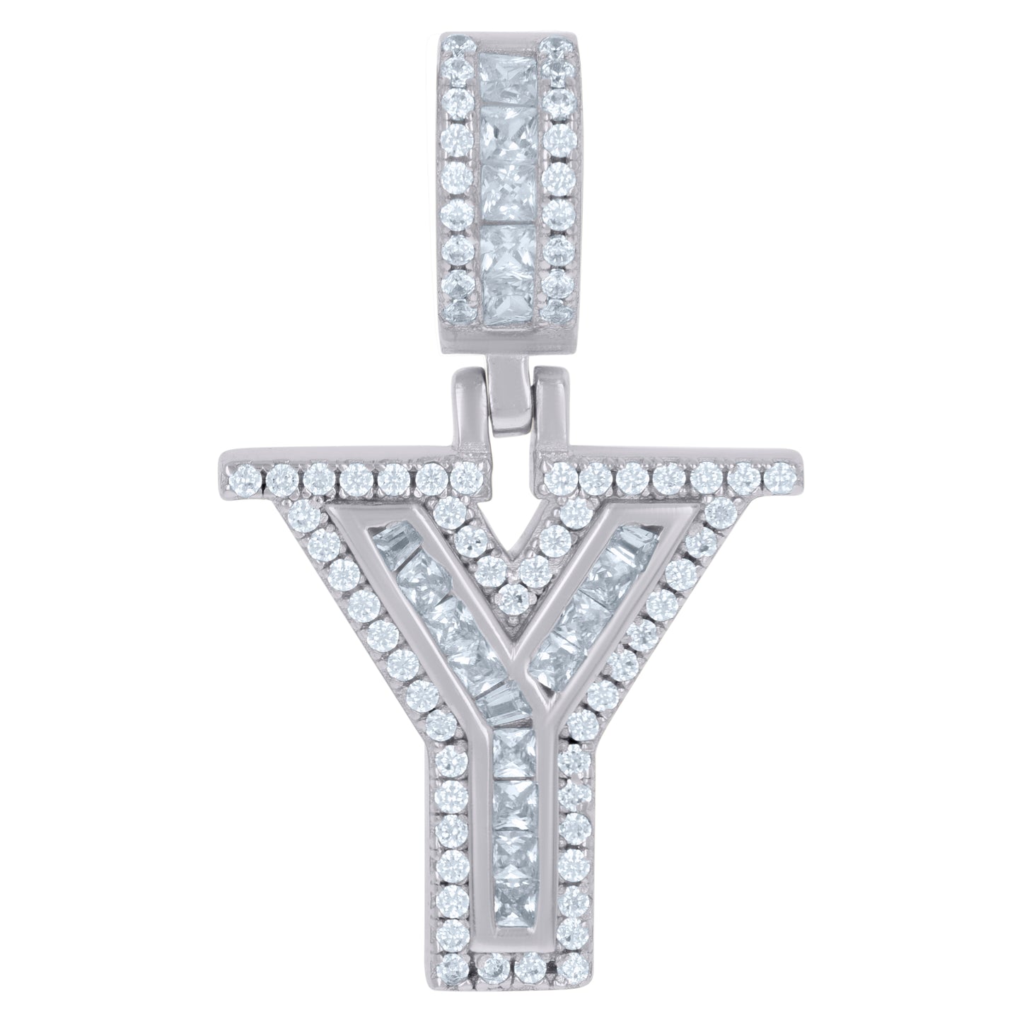 Sterling Silver Or Yellow-tone Unisex Round & Baguette Cubic-Zirconia Initial Alphabet Pendant Charm