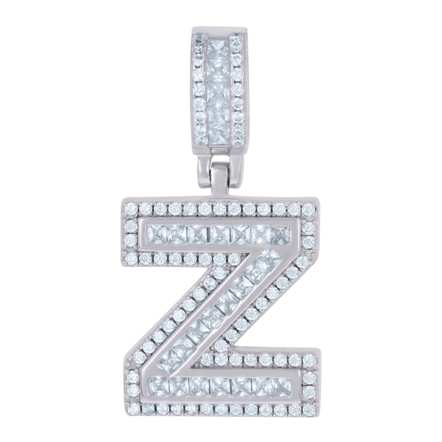 Sterling Silver Or Yellow-tone Unisex Round & Baguette Cubic-Zirconia Initial Alphabet Pendant Charm