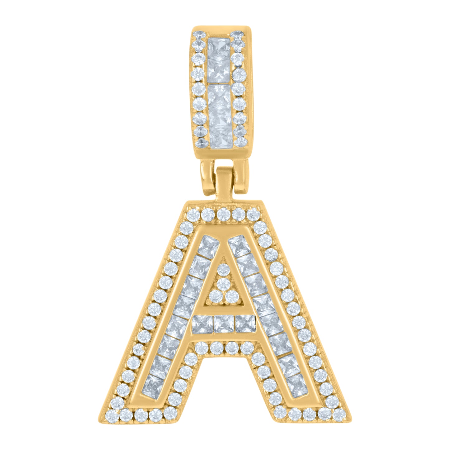 Sterling Silver Or Yellow-tone Unisex Round & Baguette Cubic-Zirconia Initial Alphabet Pendant Charm