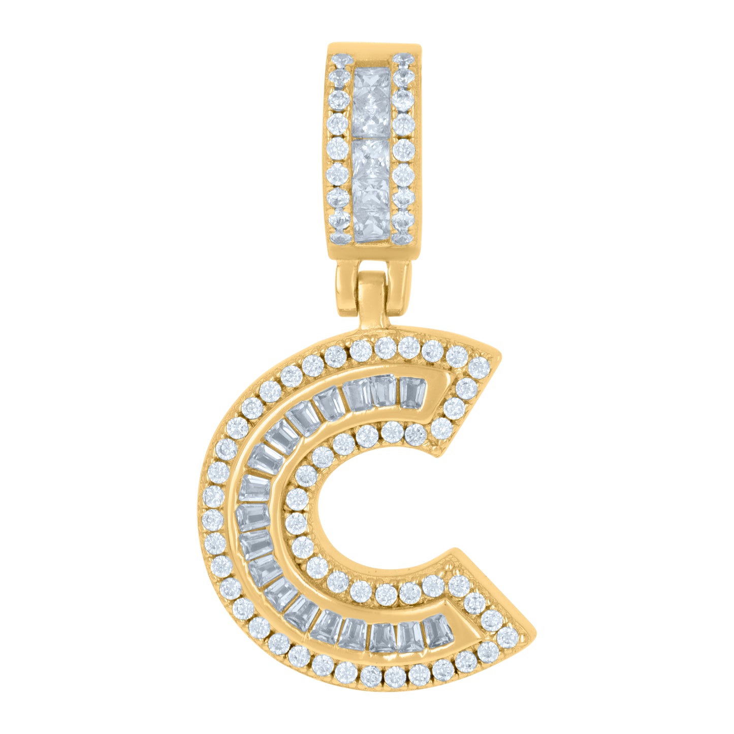 Sterling Silver Or Yellow-tone Unisex Round & Baguette Cubic-Zirconia Initial Alphabet Pendant Charm
