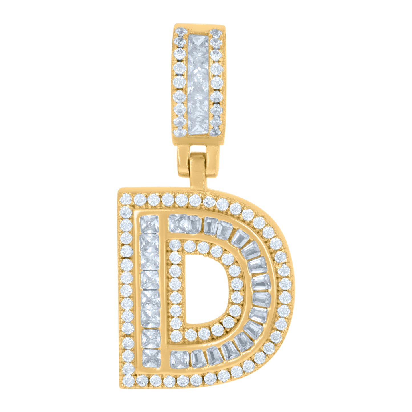 Sterling Silver Or Yellow-tone Unisex Round & Baguette Cubic-Zirconia Initial Alphabet Pendant Charm