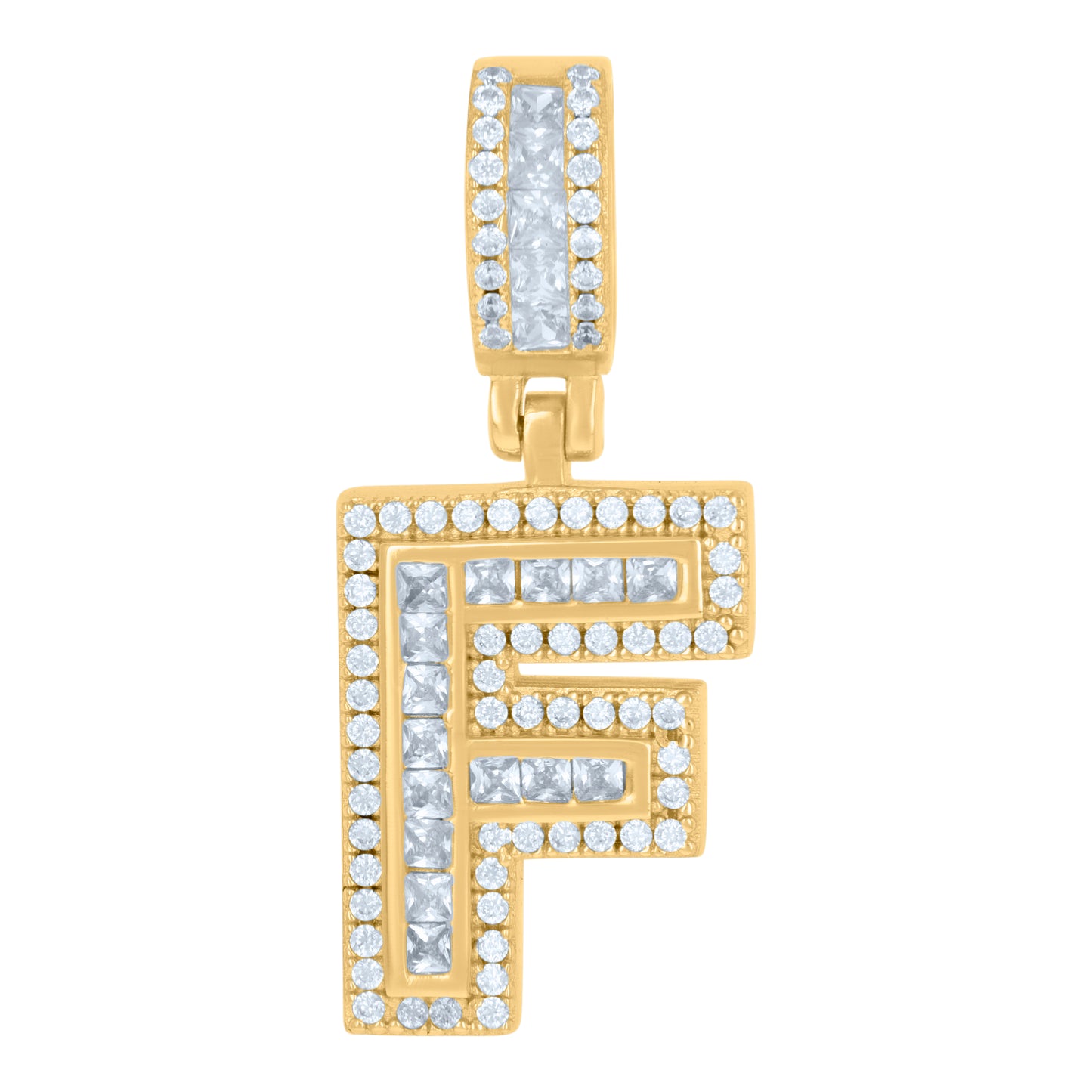 Sterling Silver Or Yellow-tone Unisex Round & Baguette Cubic-Zirconia Initial Alphabet Pendant Charm
