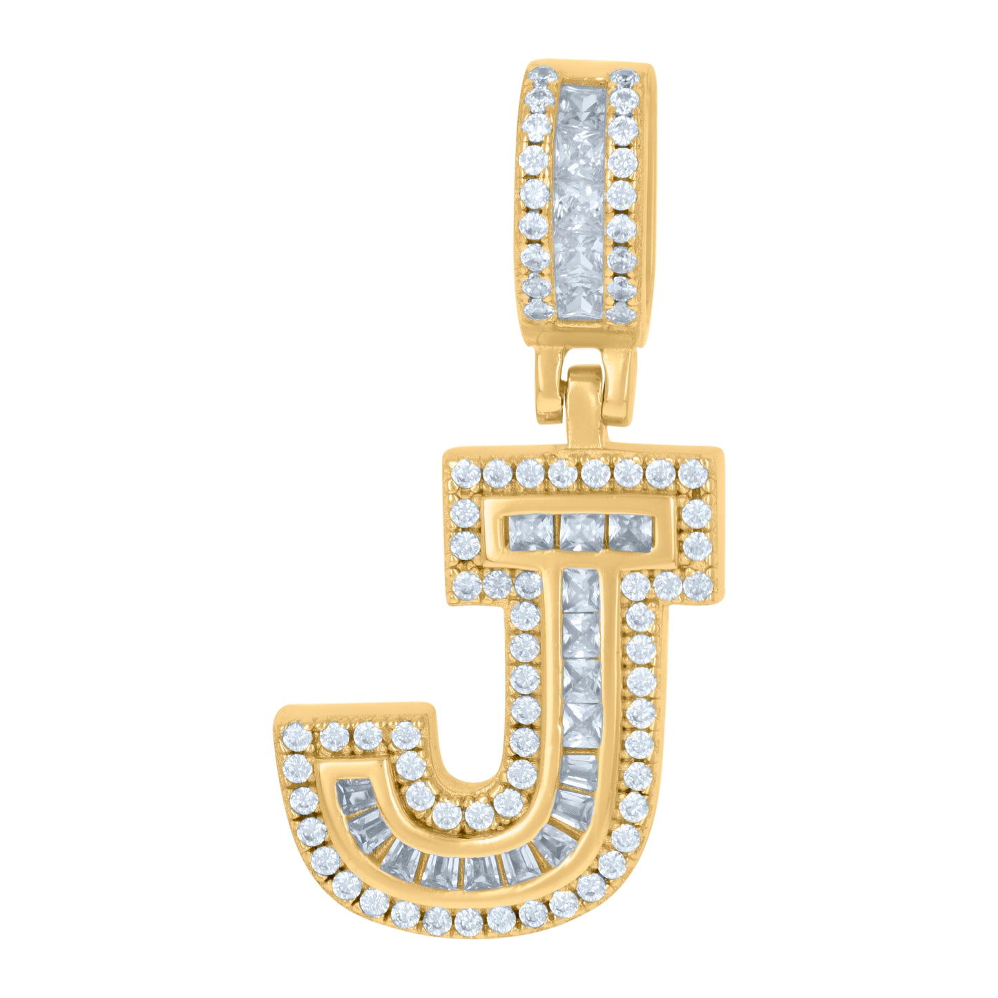 Sterling Silver Or Yellow-tone Unisex Round & Baguette Cubic-Zirconia Initial Alphabet Pendant Charm