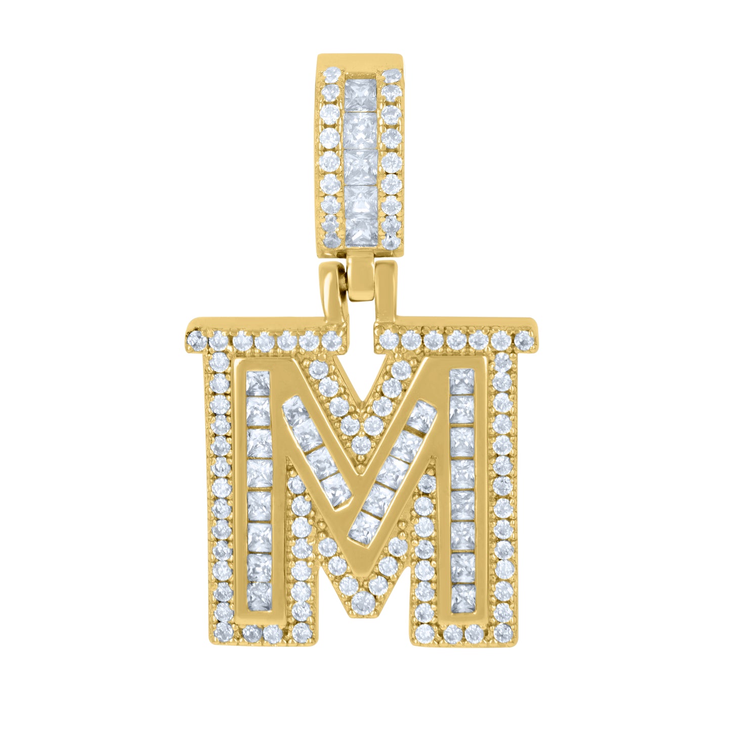 Sterling Silver Or Yellow-tone Unisex Round & Baguette Cubic-Zirconia Initial Alphabet Pendant Charm