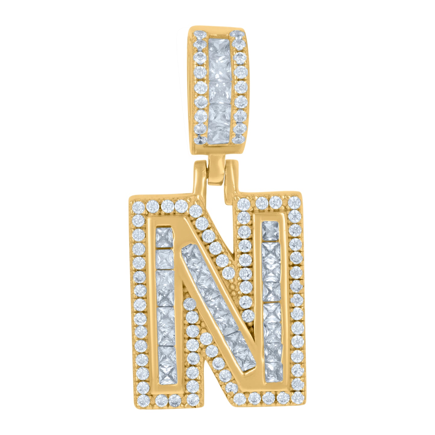 Sterling Silver Or Yellow-tone Unisex Round & Baguette Cubic-Zirconia Initial Alphabet Pendant Charm
