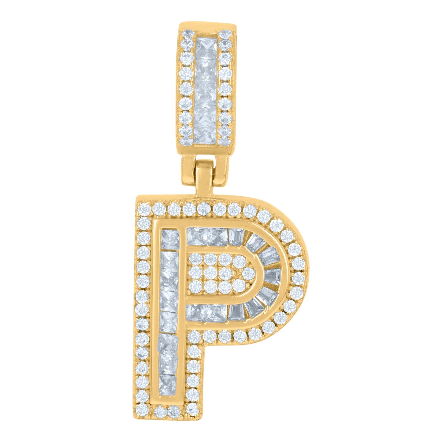 Sterling Silver Or Yellow-tone Unisex Round & Baguette Cubic-Zirconia Initial Alphabet Pendant Charm