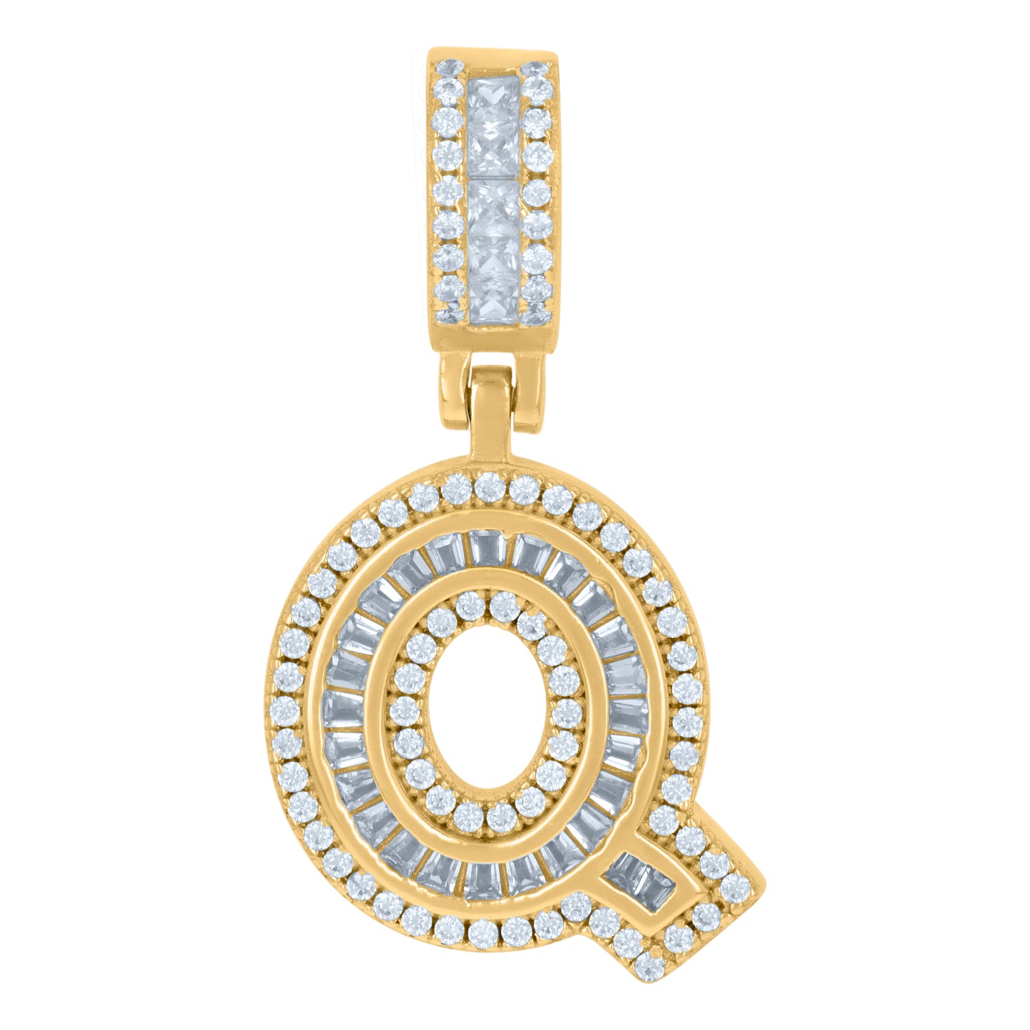Sterling Silver Or Yellow-tone Unisex Round & Baguette Cubic-Zirconia Initial Alphabet Pendant Charm