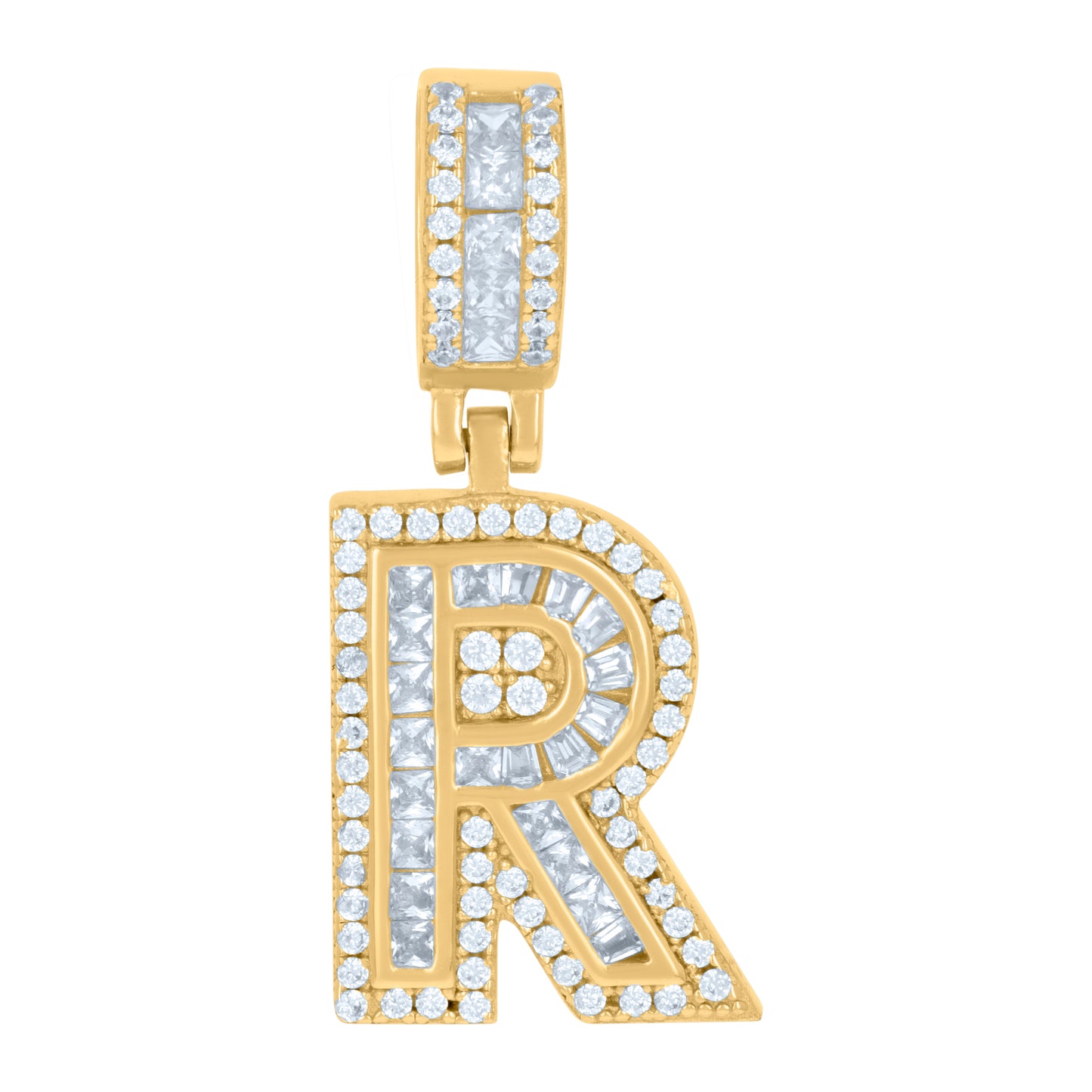 Sterling Silver Or Yellow-tone Unisex Round & Baguette Cubic-Zirconia Initial Alphabet Pendant Charm