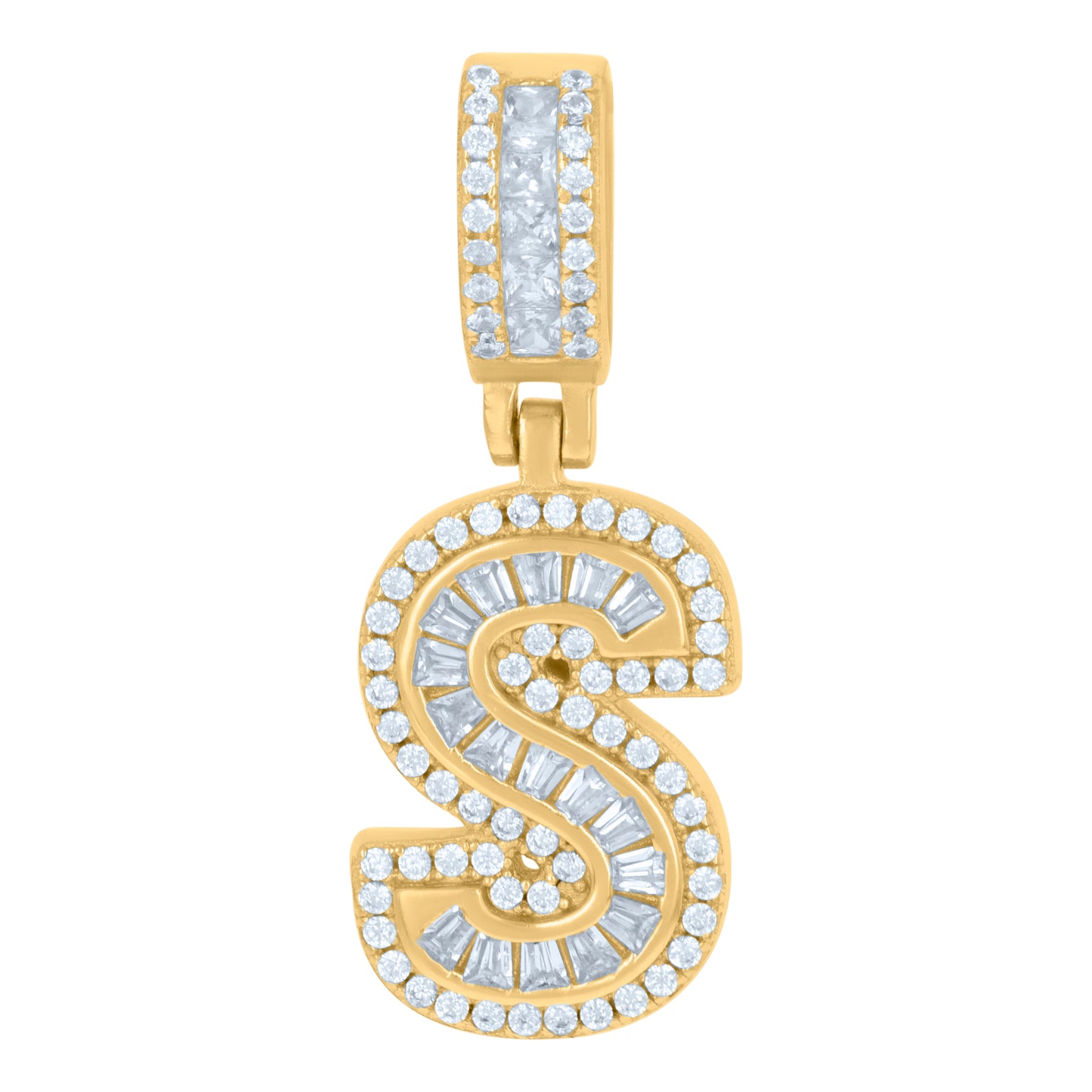 Sterling Silver Or Yellow-tone Unisex Round & Baguette Cubic-Zirconia Initial Alphabet Pendant Charm