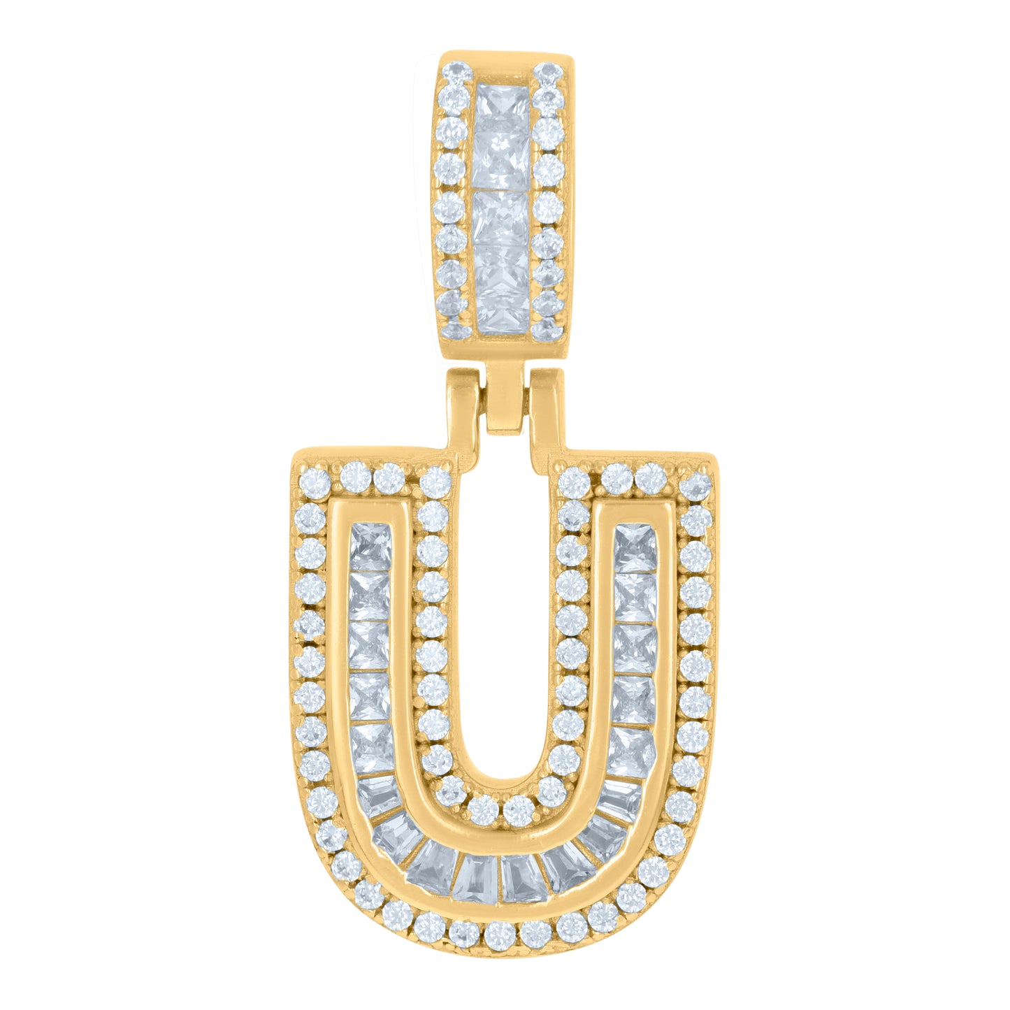 Sterling Silver Or Yellow-tone Unisex Round & Baguette Cubic-Zirconia Initial Alphabet Pendant Charm
