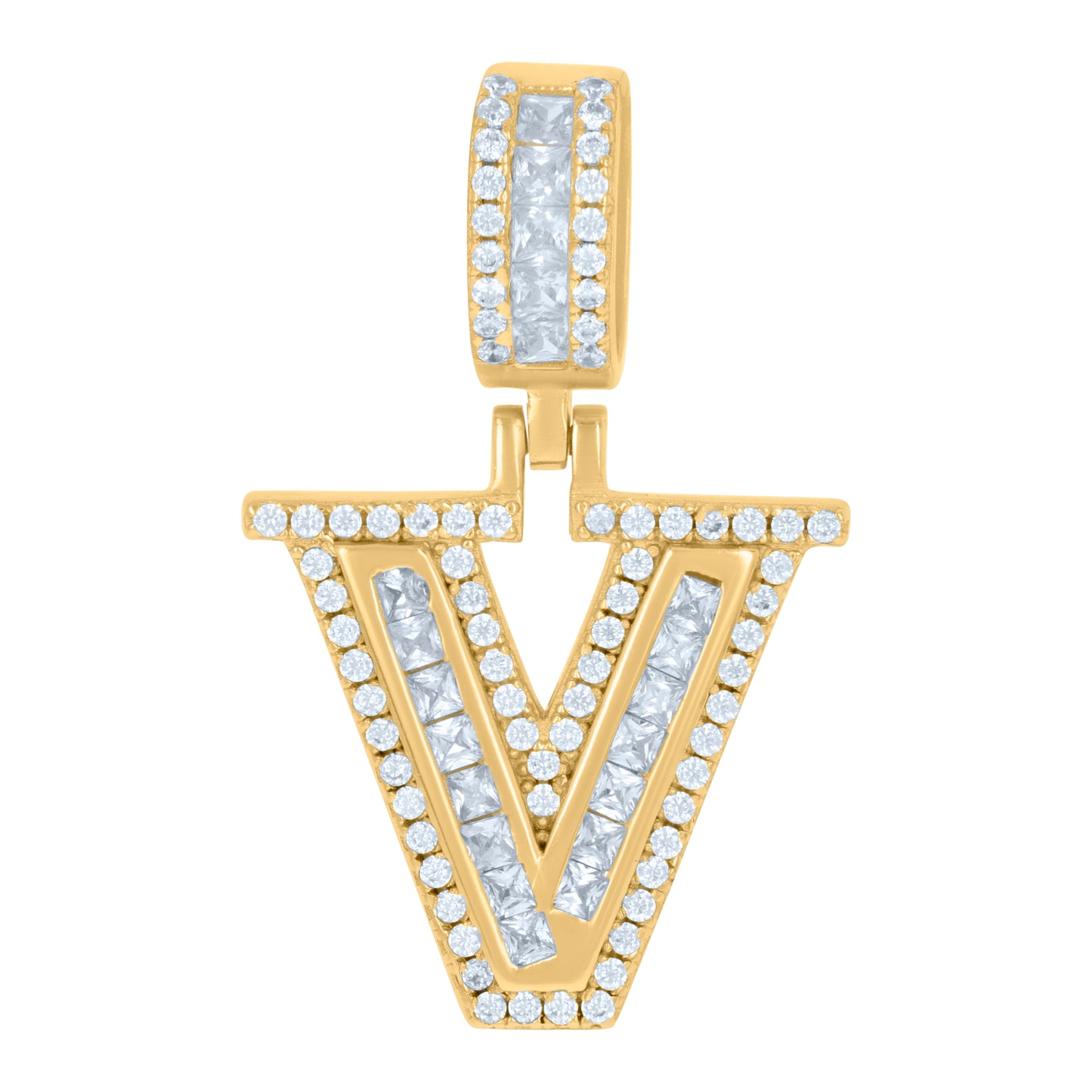 Sterling Silver Or Yellow-tone Unisex Round & Baguette Cubic-Zirconia Initial Alphabet Pendant Charm