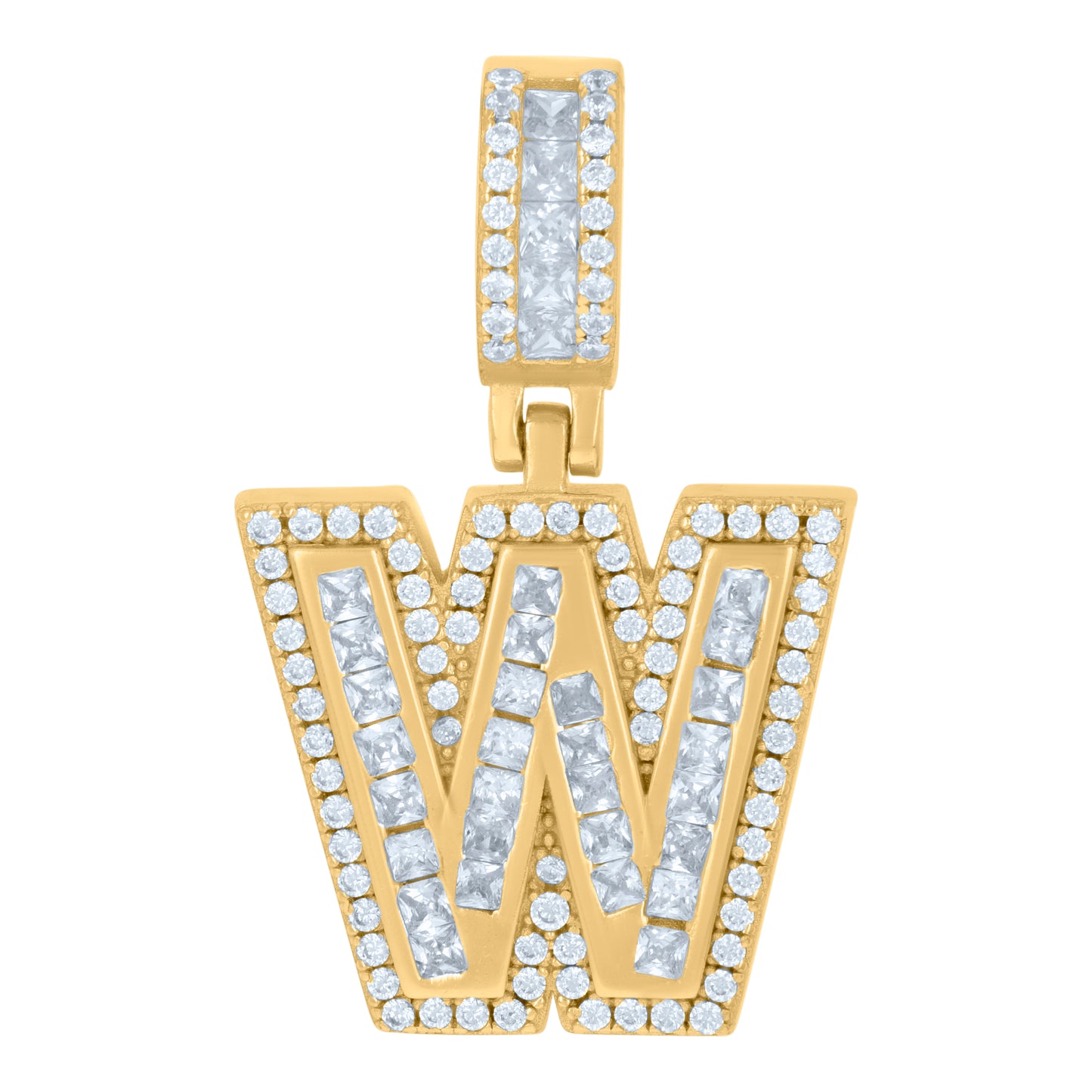 Sterling Silver Or Yellow-tone Unisex Round & Baguette Cubic-Zirconia Initial Alphabet Pendant Charm