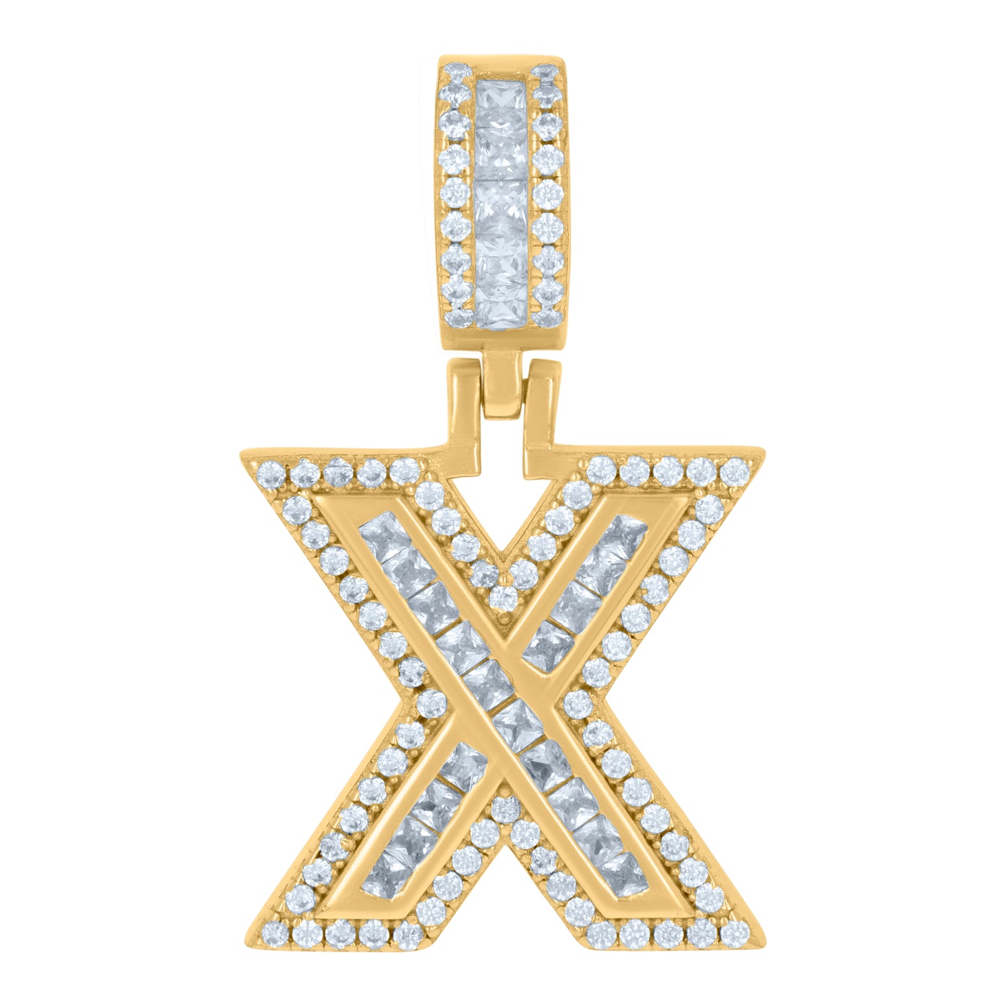 Sterling Silver Or Yellow-tone Unisex Round & Baguette Cubic-Zirconia Initial Alphabet Pendant Charm