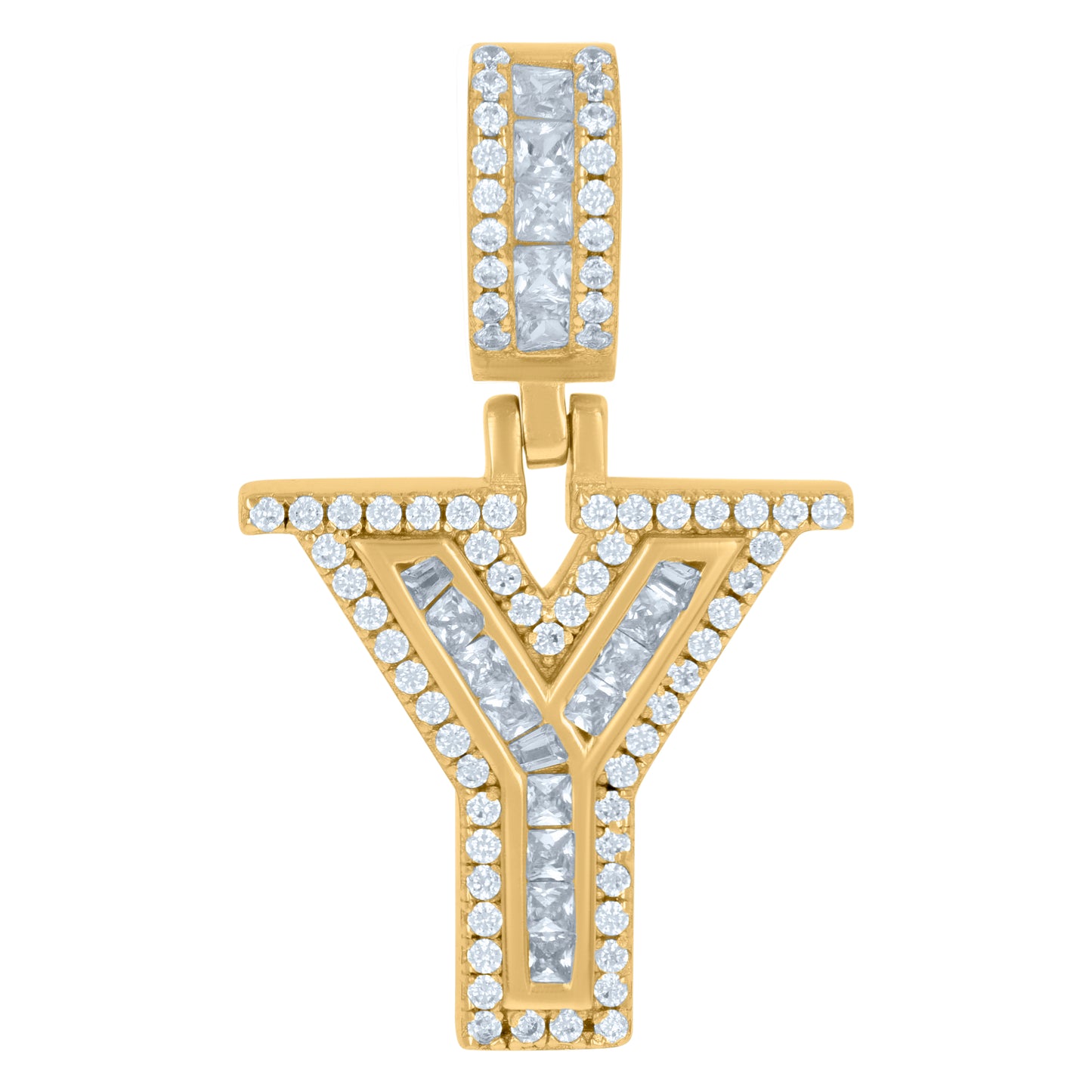 Sterling Silver Or Yellow-tone Unisex Round & Baguette Cubic-Zirconia Initial Alphabet Pendant Charm