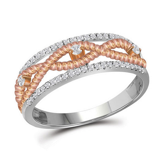 10K White Gold Womens Round Diamond Rose-tone Rope Twist Band 1/4 Cttw, Womens Size: 5-10