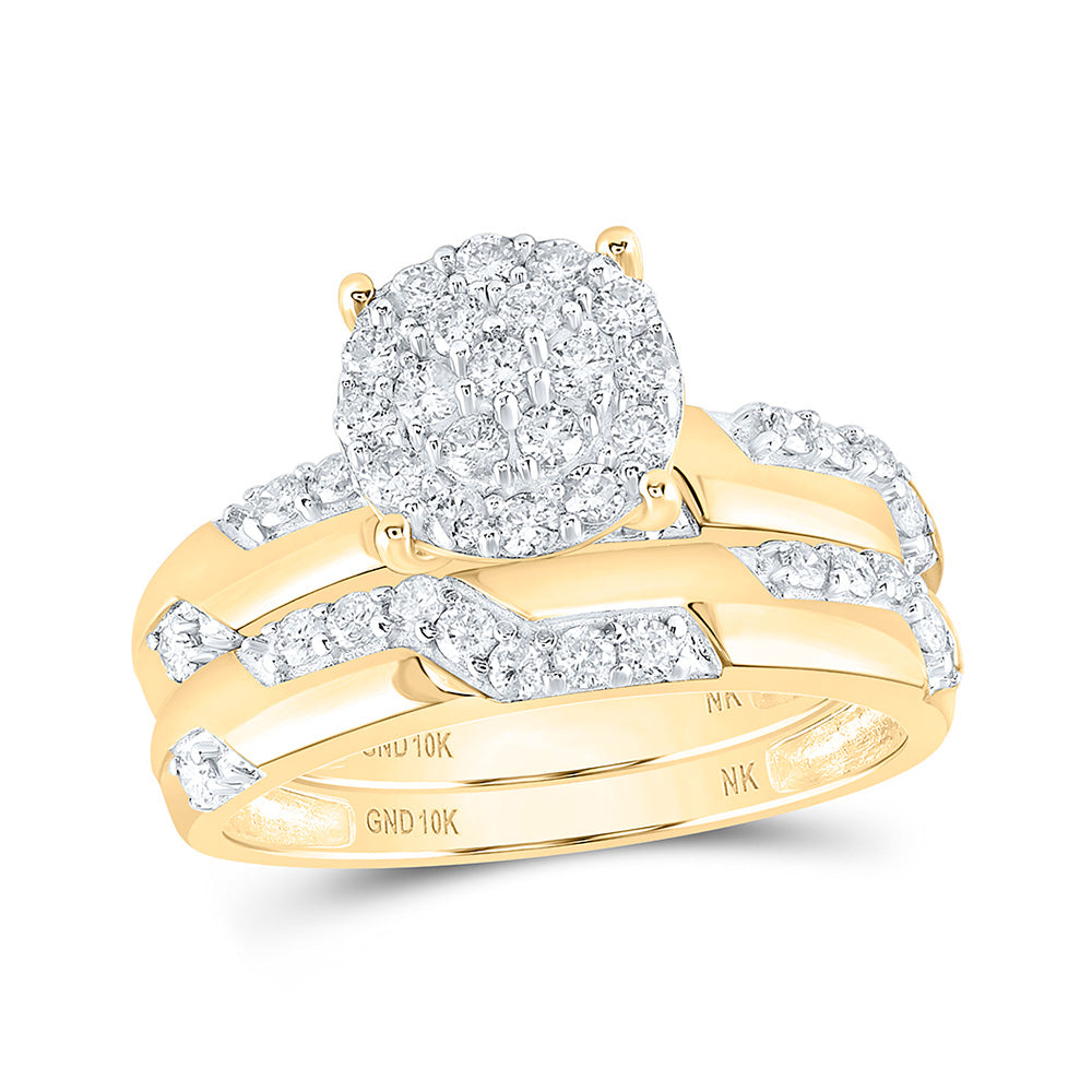 10K Yellow Gold His Hers Round Diamond Cluster Matching Wedding Set 1 Cttw, Womens Size: 5-10, Mens Size: 7-13