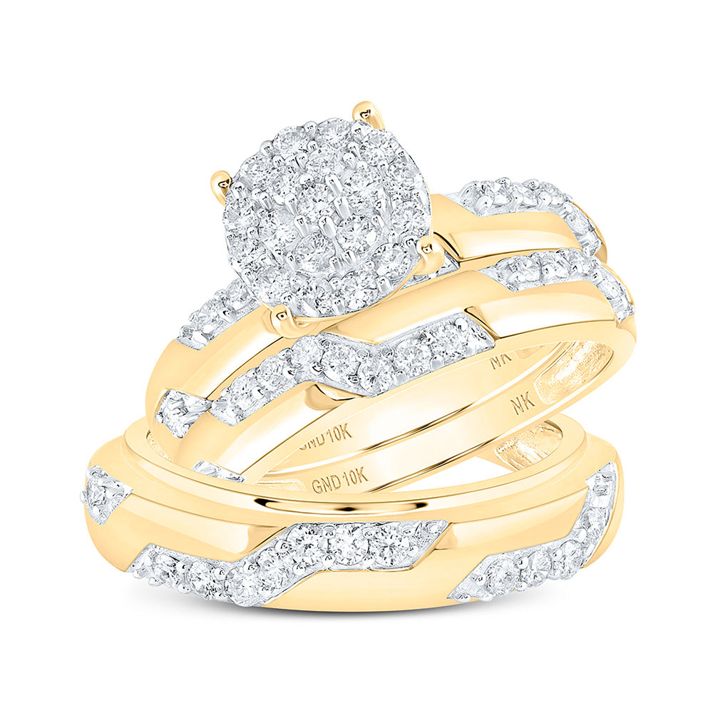 10K Yellow Gold His Hers Round Diamond Cluster Matching Wedding Set 1 Cttw, Womens Size: 5-10, Mens Size: 7-13
