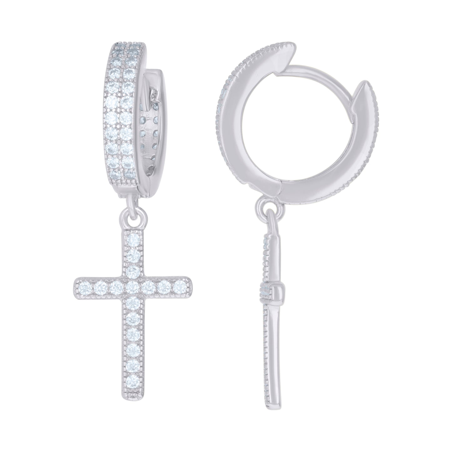 Sterling Silver Or Yellow-tone Mens Cubic-Zirconia Cross Religious Dangle Hoop Earrings