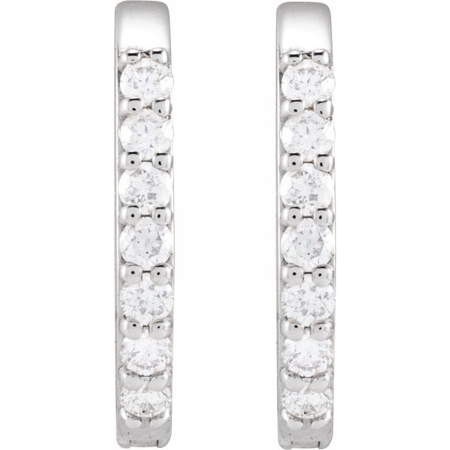 14K White Gold 12 X 10.4 Mm 1.6 Mm Round 1Mm Pair Hinged Polished 1/8 Ctw Natural Diamond Elongated Hoop Earrings