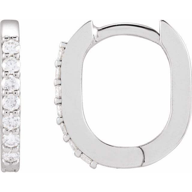 14K White Gold 12 X 10.4 Mm 1.6 Mm Round 1Mm Pair Hinged Polished 1/8 Ctw Natural Diamond Elongated Hoop Earrings