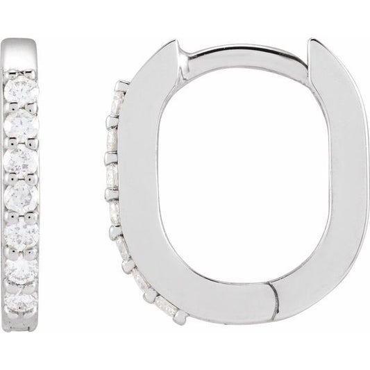 14K White Gold 12 X 10.4 Mm 1.6 Mm Round 1Mm Pair Hinged Polished 1/8 Ctw Natural Diamond Elongated Hoop Earrings