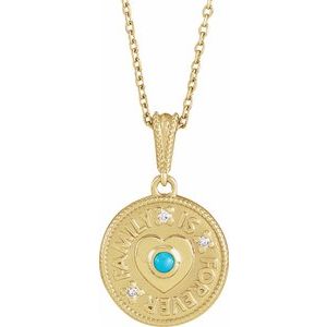 14K Yellow Gold Round 2Mm G-H I1 Natural Turquoise And .02 Ctw Natural Diamond Family Is Forever Necklace, Length: 18 In