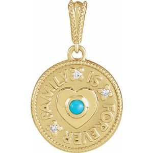 14K Yellow Gold Round 2Mm G-H I1 Natural Turquoise And .02 Ctw Natural Diamond Family Is Forever Pendant