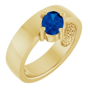 14K Yellow Gold Oval 7 X 5 Mm Polished Lab-Grown Blue Sapphire Asymmetric Solitaire Ring Size 7