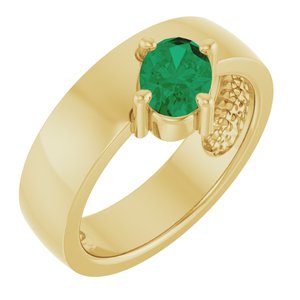 14K Yellow Gold Oval 7 X 5 Mm Polished Lab-Grown Emerald Asymmetric Solitaire Ring Size 7