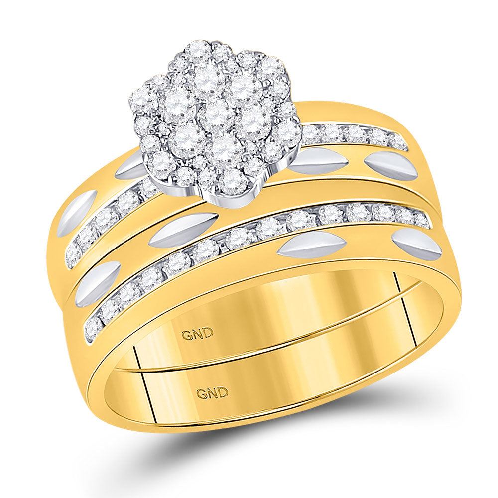 14K Yellow Gold His Hers Round Diamond Cluster Matching Wedding Set 3/4 Cttw, Womens Size: 5-10, Mens Size: 7-13