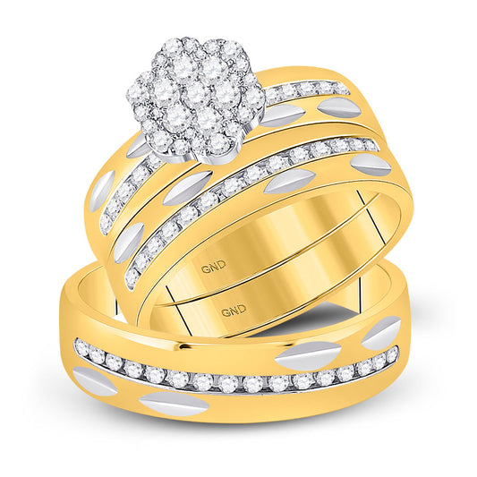 14K Yellow Gold His Hers Round Diamond Cluster Matching Wedding Set 3/4 Cttw, Womens Size: 5-10, Mens Size: 7-13