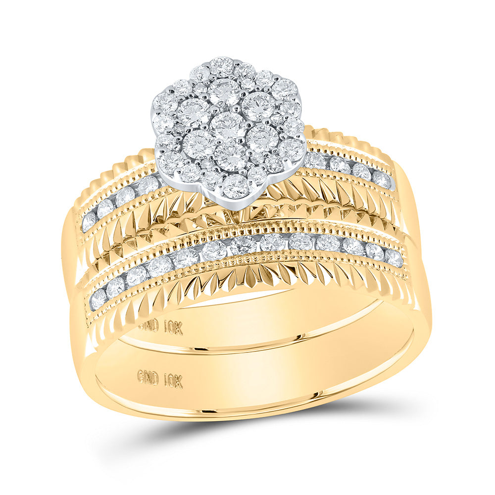 14K Yellow Gold His Hers Round Diamond Cluster Matching Wedding Set 3/4 Cttw, Womens Size: 5-10, Mens Size: 7-13