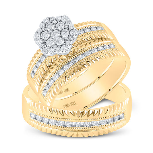 14K Yellow Gold His Hers Round Diamond Cluster Matching Wedding Set 3/4 Cttw, Womens Size: 5-10, Mens Size: 7-13