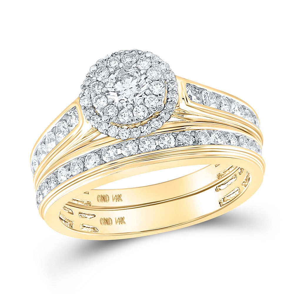14K Yellow Gold His Hers Round Diamond Halo Matching Wedding Set 1-5/8 Cttw, Womens Size: 5-10, Mens Size: 7-13