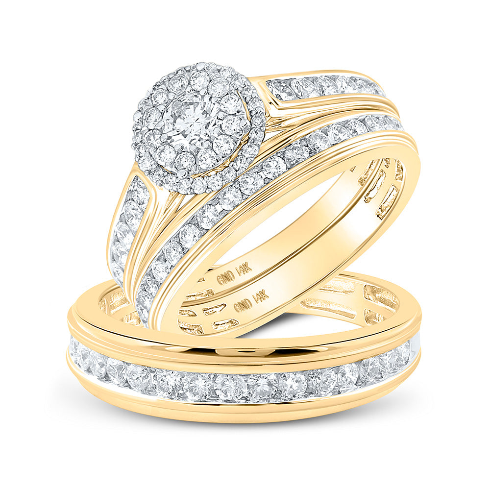 14K Yellow Gold His Hers Round Diamond Halo Matching Wedding Set 1-5/8 Cttw, Womens Size: 5-10, Mens Size: 7-13