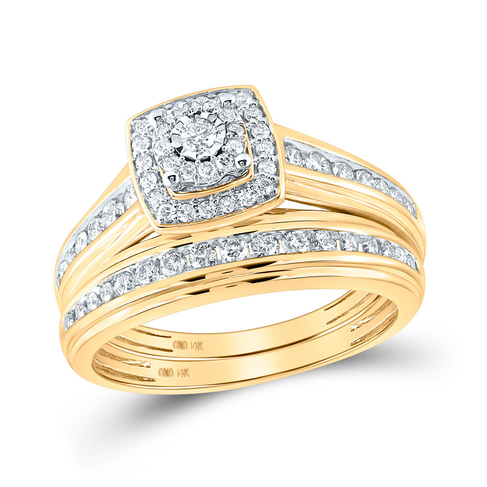 14K Yellow Gold His Hers Round Diamond Halo Matching Wedding Set 7/8 Cttw, Womens Size: 5-10, Mens Size: 7-13