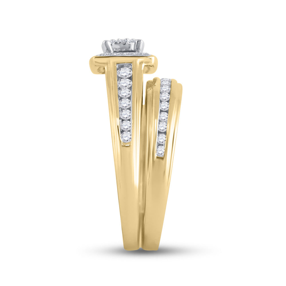 14K Yellow Gold His Hers Round Diamond Halo Matching Wedding Set 7/8 Cttw, Womens Size: 5-10, Mens Size: 7-13