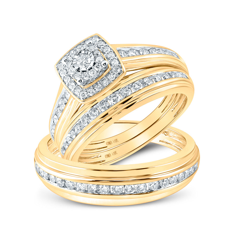 14K Yellow Gold His Hers Round Diamond Halo Matching Wedding Set 7/8 Cttw, Womens Size: 5-10, Mens Size: 7-13