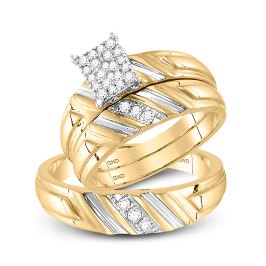 14K Yellow Gold His Hers Round Diamond Cluster Matching Wedding Set 1/4 Cttw, Womens Size: 5-10, Mens Size: 7-13