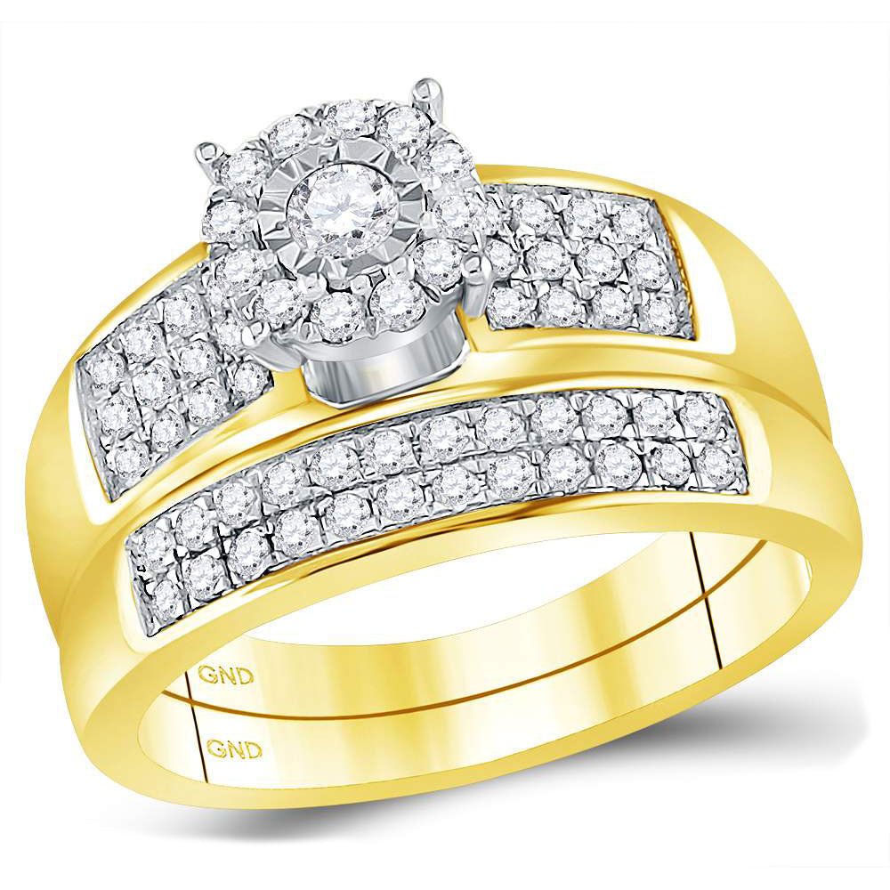 14K Yellow Gold His Hers Round Diamond Halo Matching Wedding Set 7/8 Cttw, Womens Size: 5-10, Mens Size: 7-13
