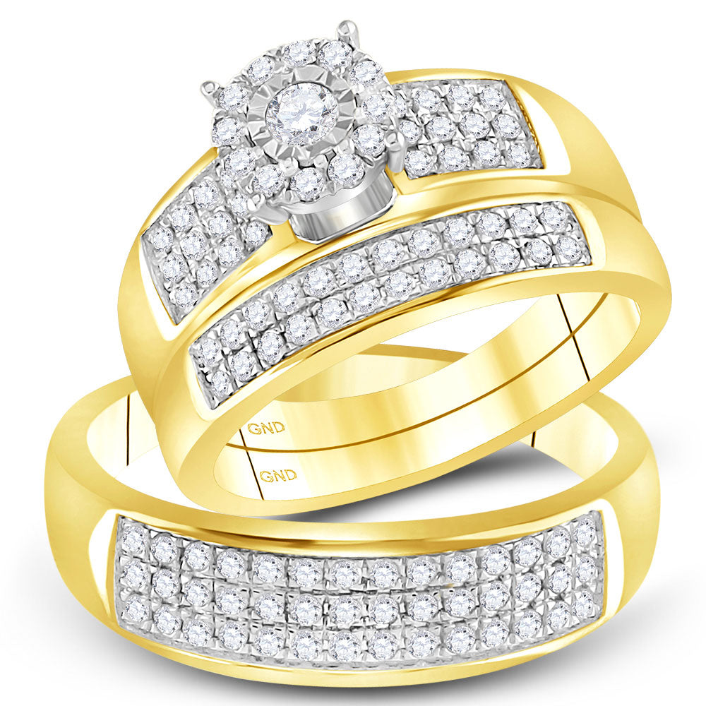 14K Yellow Gold His Hers Round Diamond Halo Matching Wedding Set 7/8 Cttw, Womens Size: 5-10, Mens Size: 7-13