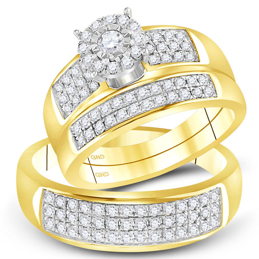 14K Yellow Gold His Hers Round Diamond Halo Matching Wedding Set 7/8 Cttw, Womens Size: 5-10, Mens Size: 7-13