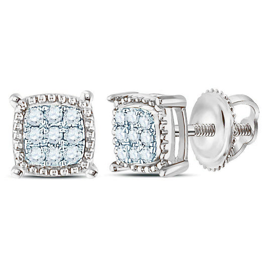 10K White Or Yellow Gold Round Diamond Square Milgrain Cluster Earrings
