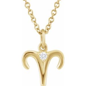 14K Yellow Gold Zodiac Aries Round 1.5 Mm G-H I1 .015 Ct Natural Diamond Zodiac Necklace, Length: 18 In